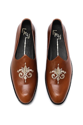 Tan Brown Napa Leather Embroidered Mojaris by NIDHI BHANDARI MEN