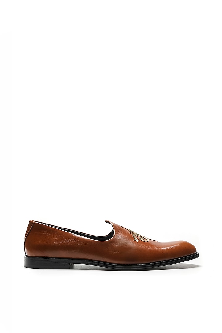 Tan Brown Napa Leather Embroidered Mojaris by NIDHI BHANDARI MEN at Pernia's Pop Up Shop