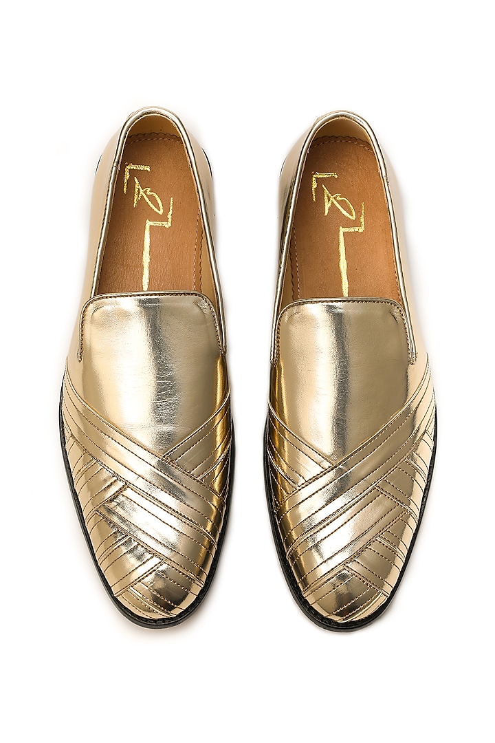 Gold Napa Leather Textured Mocassin Shoes by NIDHI BHANDARI MEN