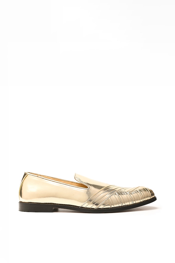 Gold Napa Leather Textured Mocassin Shoes by NIDHI BHANDARI MEN at Pernia's Pop Up Shop