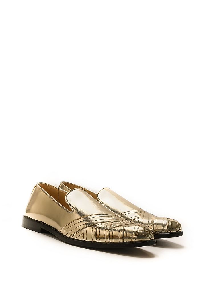 Gold Napa Leather Textured Mocassin Shoes by NIDHI BHANDARI MEN at Pernia's Pop Up Shop