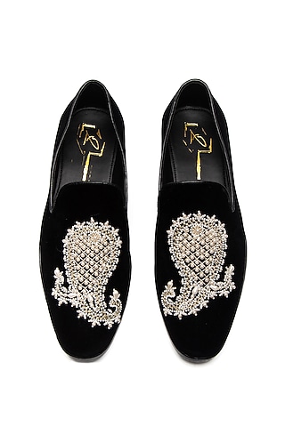 Black Velvet Embroidered Moccasin Shoes by NIDHI BHANDARI MEN