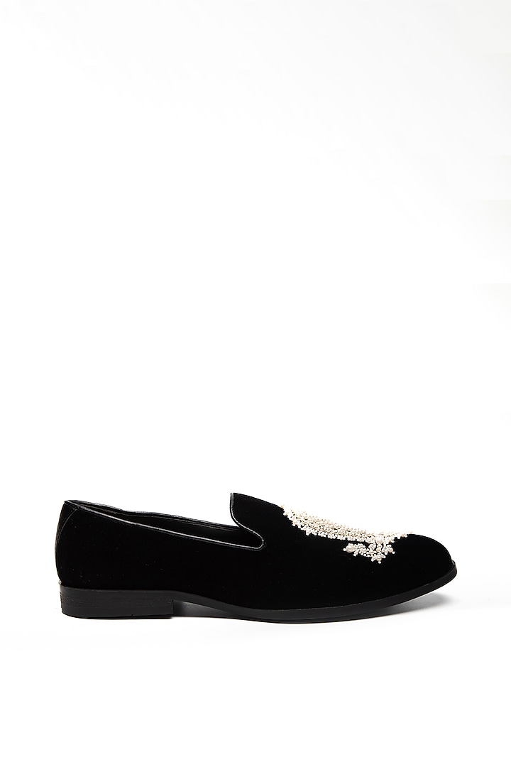 Black Velvet Embroidered Moccasin Shoes by NIDHI BHANDARI MEN at Pernia's Pop Up Shop