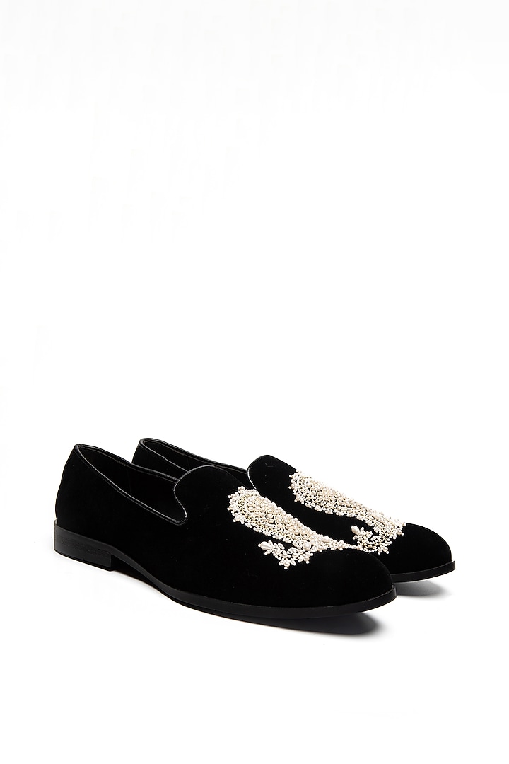 Black Velvet Embroidered Moccasin Shoes by NIDHI BHANDARI MEN at Pernia's Pop Up Shop