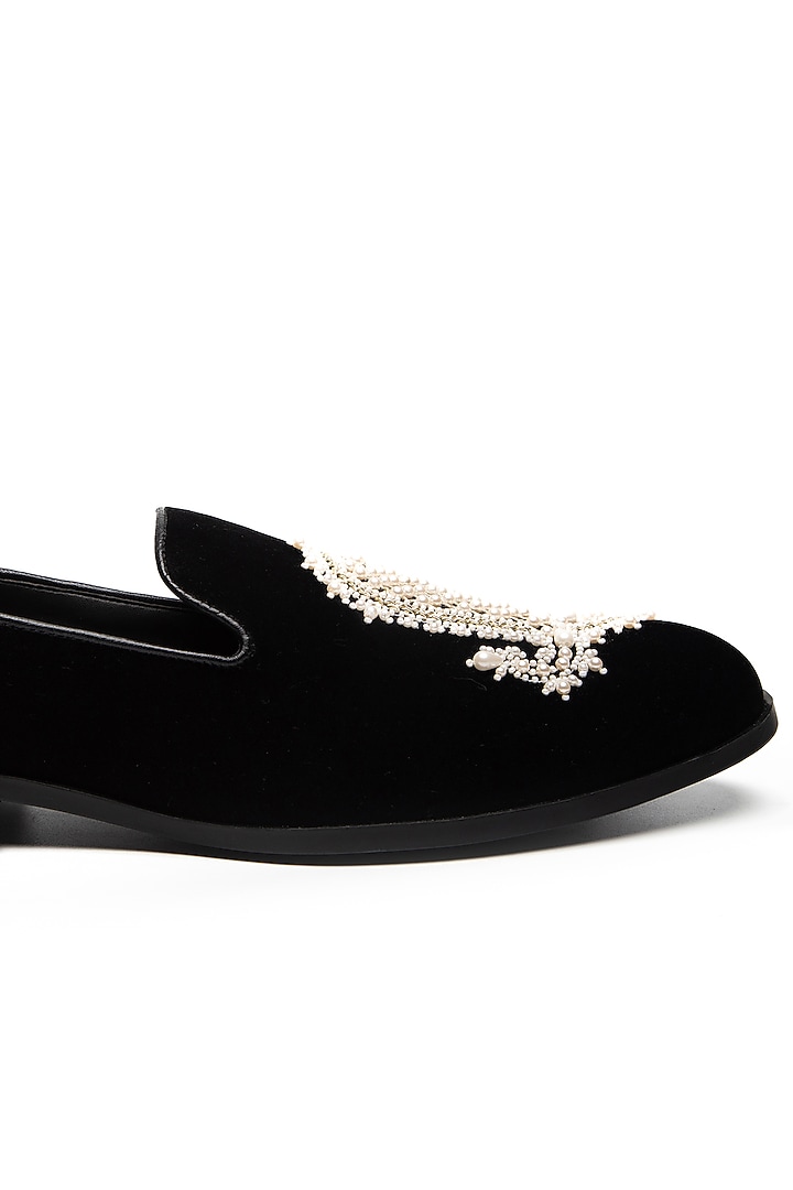 Black Velvet Embroidered Moccasin Shoes by NIDHI BHANDARI MEN at Pernia's Pop Up Shop