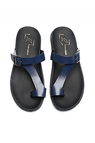 Blue Leather Cross-Straps Flats by NIDHI BHANDARI MEN
