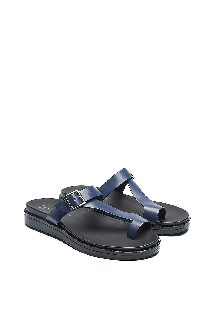 Blue Leather Cross-Straps Flats by NIDHI BHANDARI MEN at Pernia's Pop Up Shop
