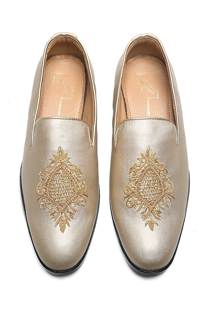 Gold Faux Leather Motif Embroidered Moccasin Shoes by NIDHI BHANDARI MEN