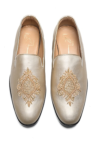Gold Faux Leather Motif Embroidered Moccasin Shoes by NIDHI BHANDARI MEN