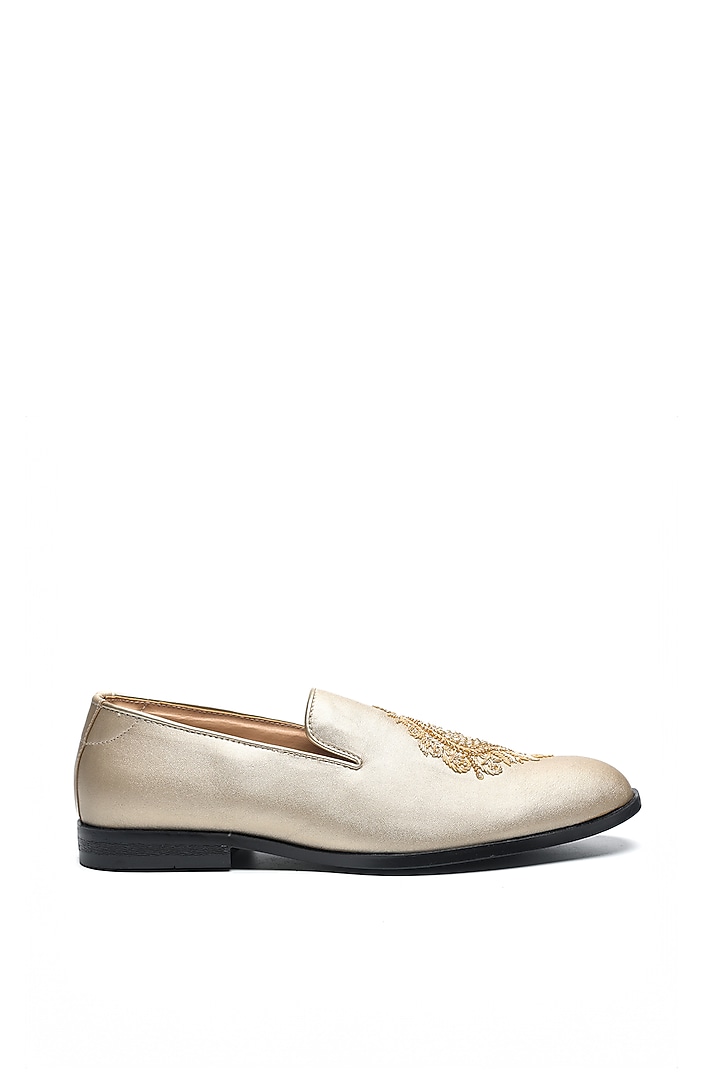 Gold Faux Leather Motif Embroidered Moccasin Shoes by NIDHI BHANDARI MEN at Pernia's Pop Up Shop