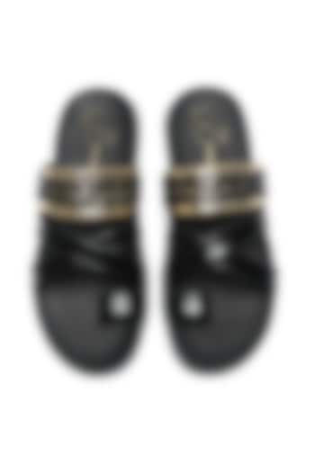 Black Leather Cross-Straps Flats by NIDHI BHANDARI MEN at Pernia's Pop Up Shop