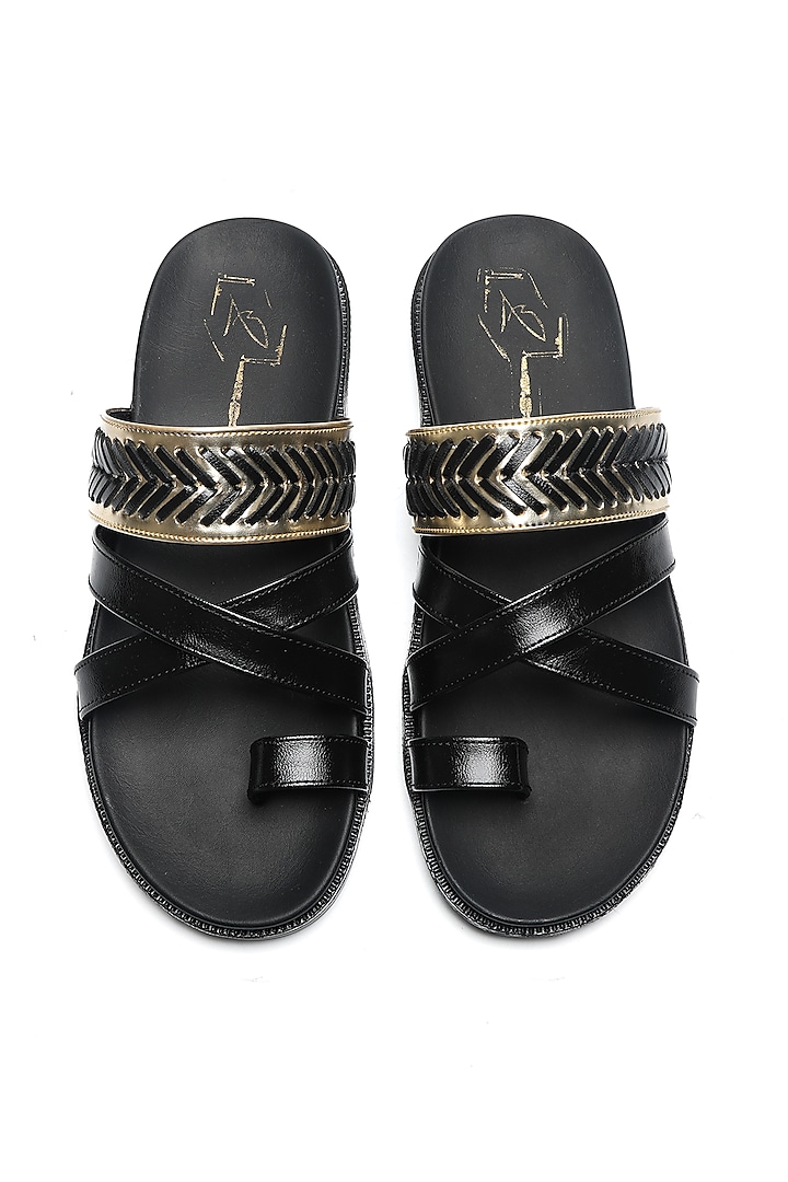 Black Leather Cross-Straps Flats by NIDHI BHANDARI MEN at Pernia's Pop Up Shop