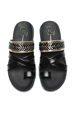 Black Leather Cross-Straps Flats by NIDHI BHANDARI MEN