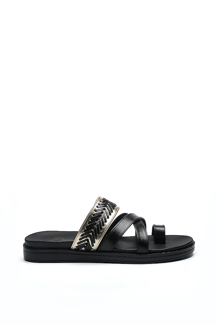 Black Leather Cross-Straps Flats by NIDHI BHANDARI MEN at Pernia's Pop Up Shop