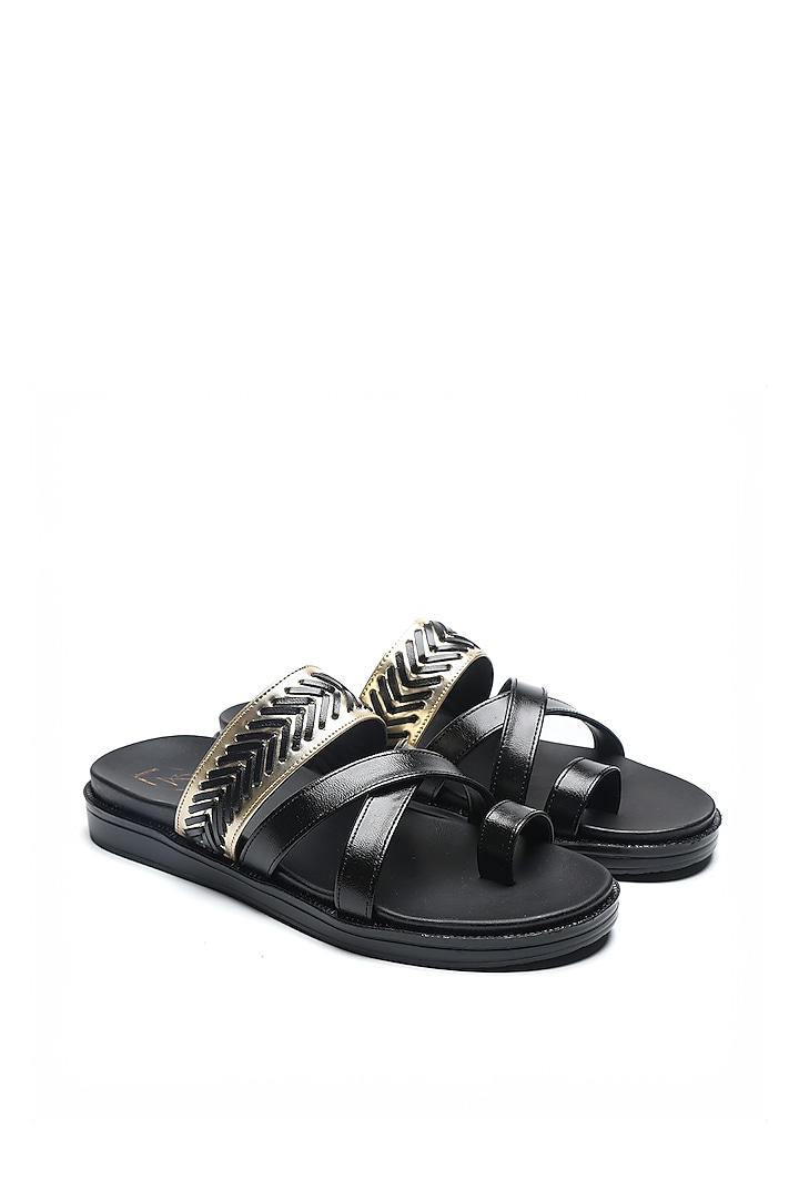 Black Leather Cross-Straps Flats by NIDHI BHANDARI MEN at Pernia's Pop Up Shop