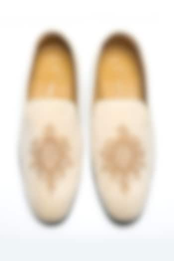 Light Beige Suede Embroidered Moccasin Shoes by NIDHI BHANDARI MEN