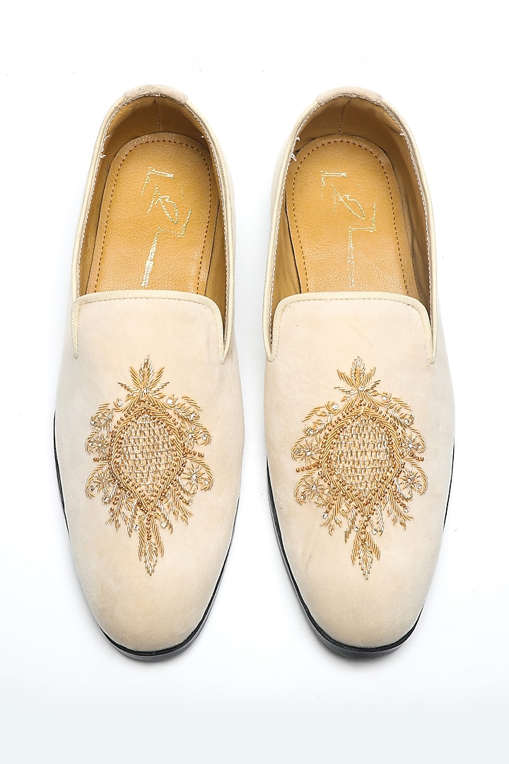 Light Beige Suede Embroidered Moccasin Shoes by NIDHI BHANDARI MEN