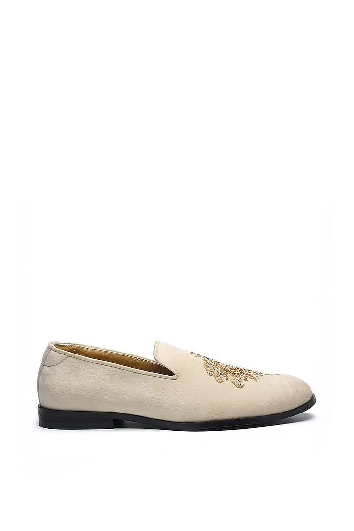 Light Beige Suede Embroidered Moccasin Shoes by NIDHI BHANDARI MEN at Pernia's Pop Up Shop