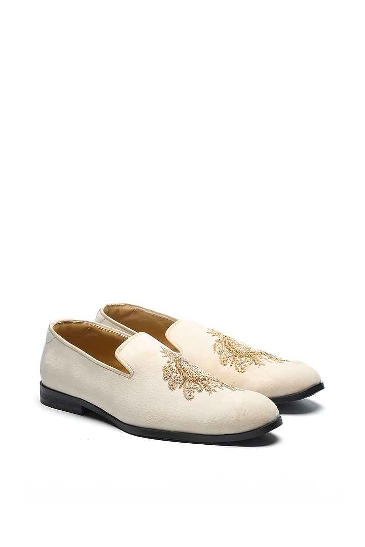 Light Beige Suede Embroidered Moccasin Shoes by NIDHI BHANDARI MEN at Pernia's Pop Up Shop