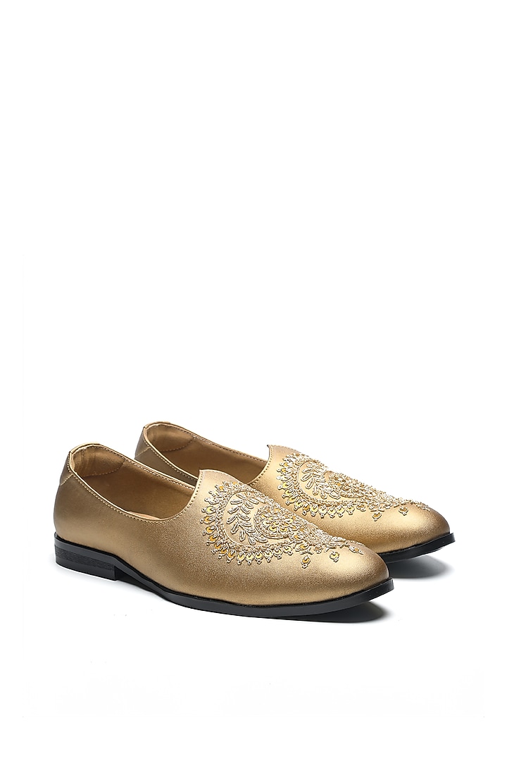 Antique Gold Nappa Leather Motif Embroidered Mojaris by NIDHI BHANDARI MEN at Pernia's Pop Up Shop