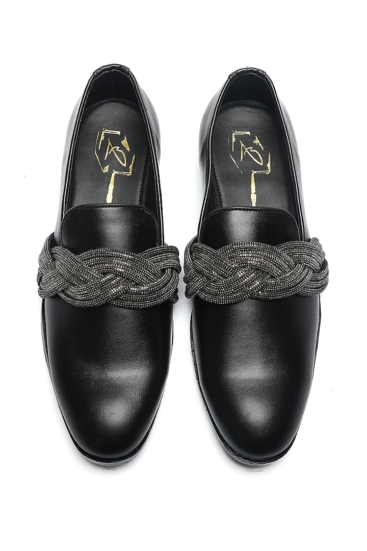 Black Leather Moccasin Shoes by NIDHI BHANDARI MEN