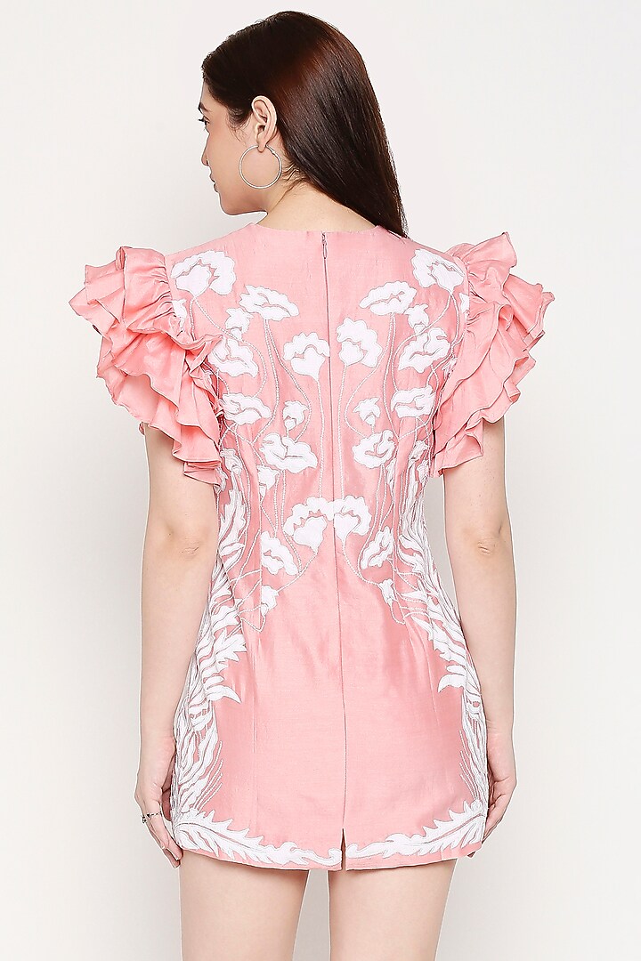 Baby Pink Chanderi Embroidered Mini Summer Dress by Neha Gursahani at Pernia's Pop Up Shop