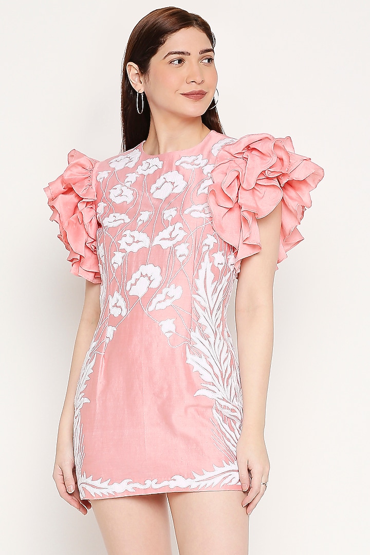Baby Pink Chanderi Embroidered Mini Summer Dress by Neha Gursahani at Pernia's Pop Up Shop