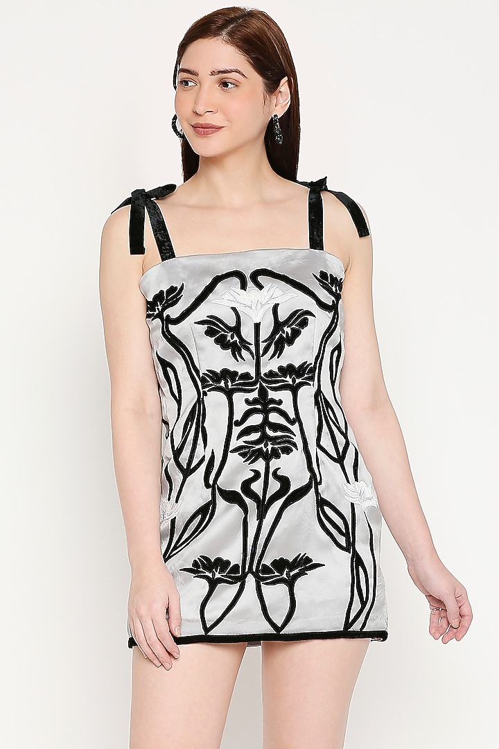 Silver Grey Organza Embroidered Tie-Up Summer Dress by Neha Gursahani at Pernia's Pop Up Shop