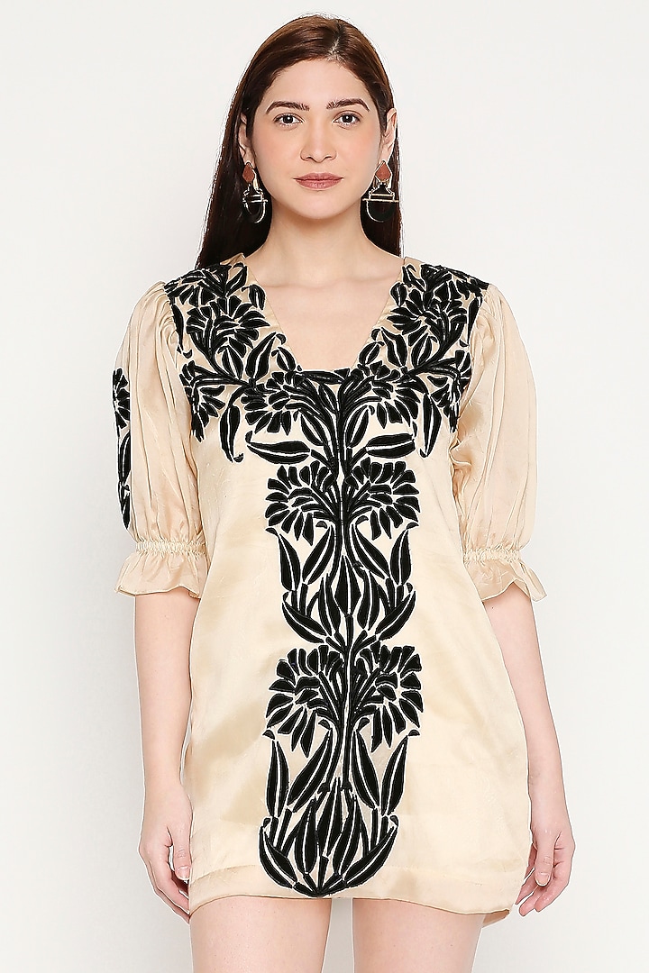 Nude Organza Embroidered Mini Summer Dress by Neha Gursahani at Pernia's Pop Up Shop