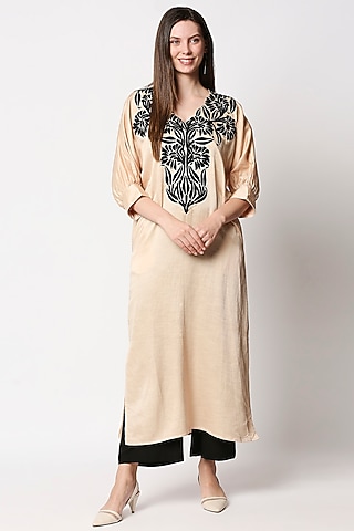 Nude Satin Linen Embroidered Kaftan Kurta Set by Neha Gursahani