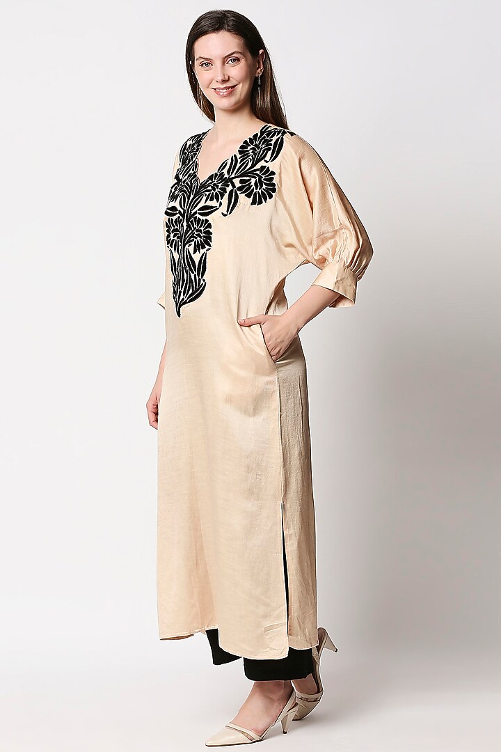 Nude Satin Linen Embroidered Kaftan Kurta Set by Neha Gursahani at Pernia's Pop Up Shop