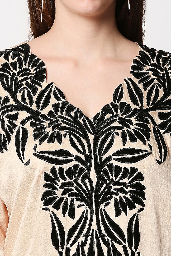 Nude Satin Linen Embroidered Kaftan Kurta Set by Neha Gursahani at Pernia's Pop Up Shop