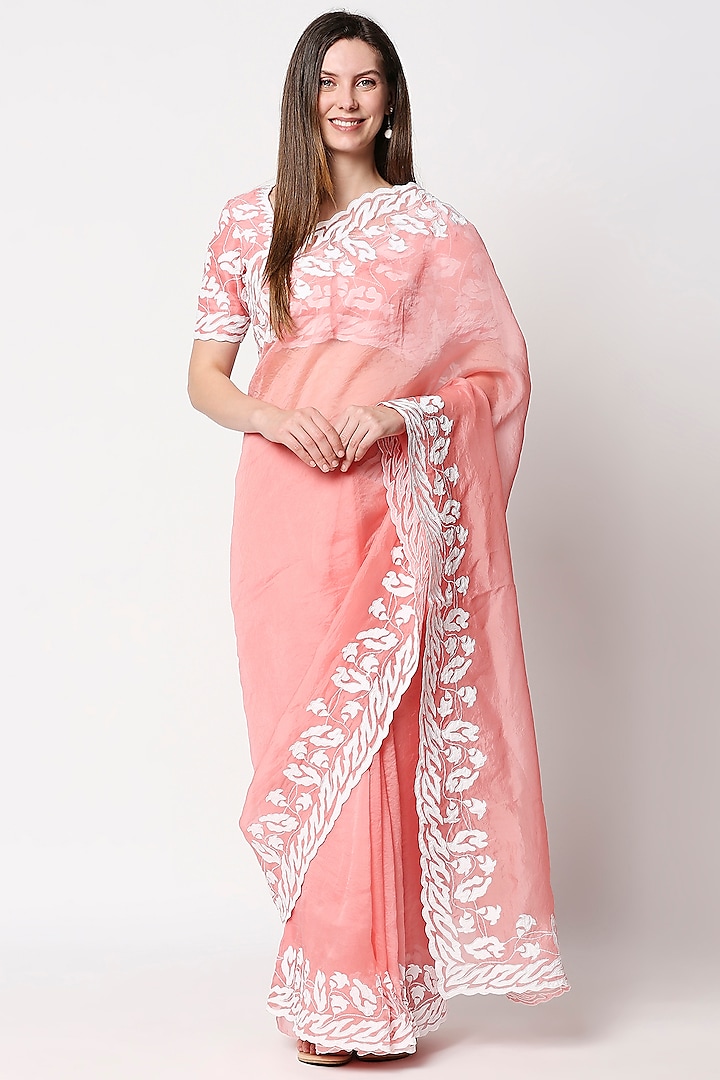 Baby Pink Chanderi Embroidered Saree Set by Neha Gursahani