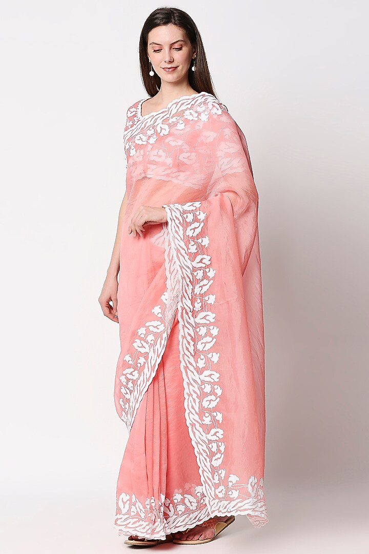 Baby Pink Chanderi Embroidered Wedding Saree Set by Neha Gursahani at Pernia's Pop Up Shop