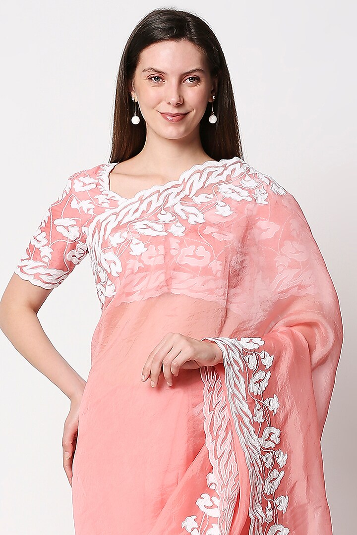 Baby Pink Chanderi Embroidered Wedding Saree Set by Neha Gursahani at Pernia's Pop Up Shop