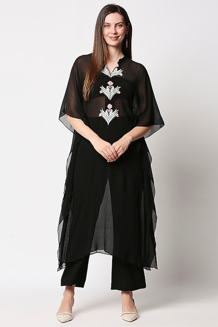 Black Chiffon Embroidered Kaftan Kurta Set by Neha Gursahani