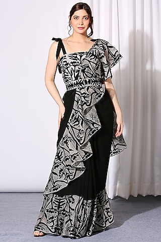 Steel Grey Organza Embroidered Ruffled Saree Set by Neha Gursahani