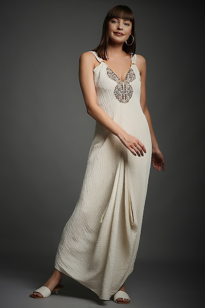 Ivory Hand Embroidered Draped Dress by Neha Gursahani