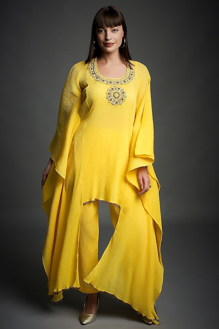 Yellow Embroidered Kaftan Set by Neha Gursahani