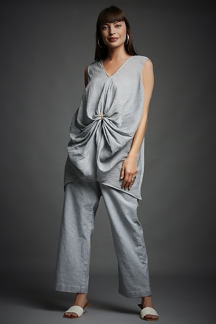 Steel Grey Crinkled Cotton Draped Tunic Set by Neha Gursahani