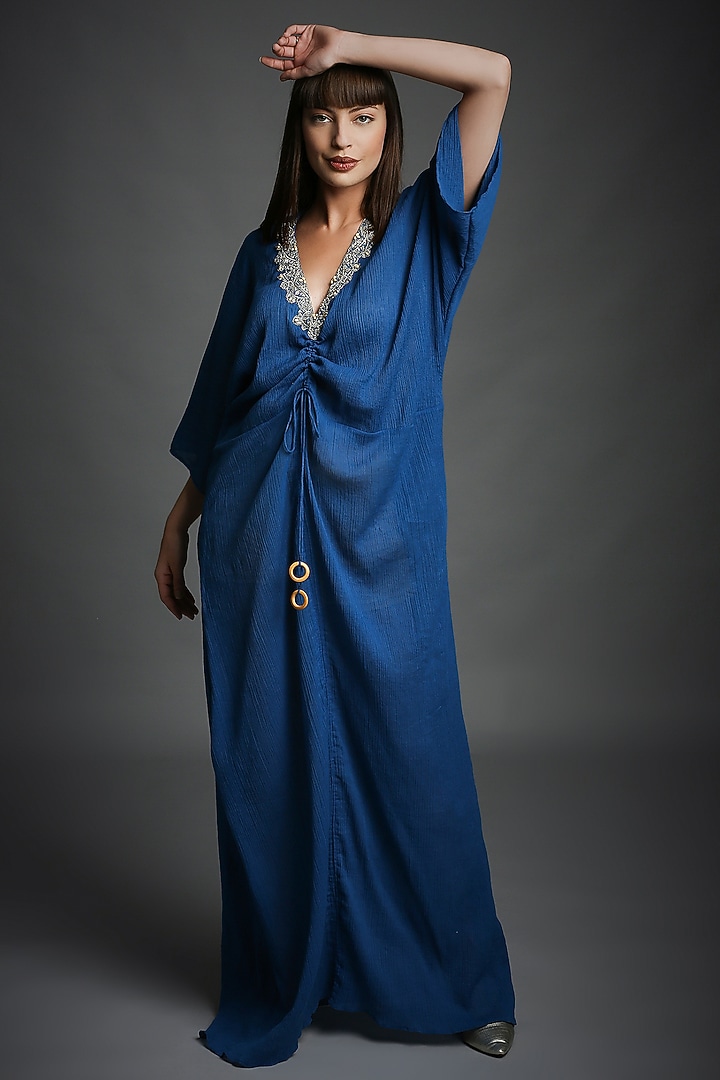 Blue Embroidered Kaftan by Neha Gursahani at Pernia's Pop Up Shop