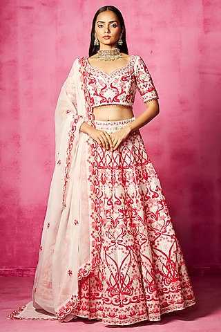 Ivory Satin Organza Patchwork Embroidered Lehenga Set by Neha Gursahani