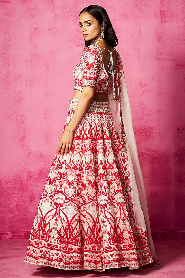 Ivory Satin Organza Patchwork Embroidered Wedding Lehenga Set by Neha Gursahani at Pernia's Pop Up Shop