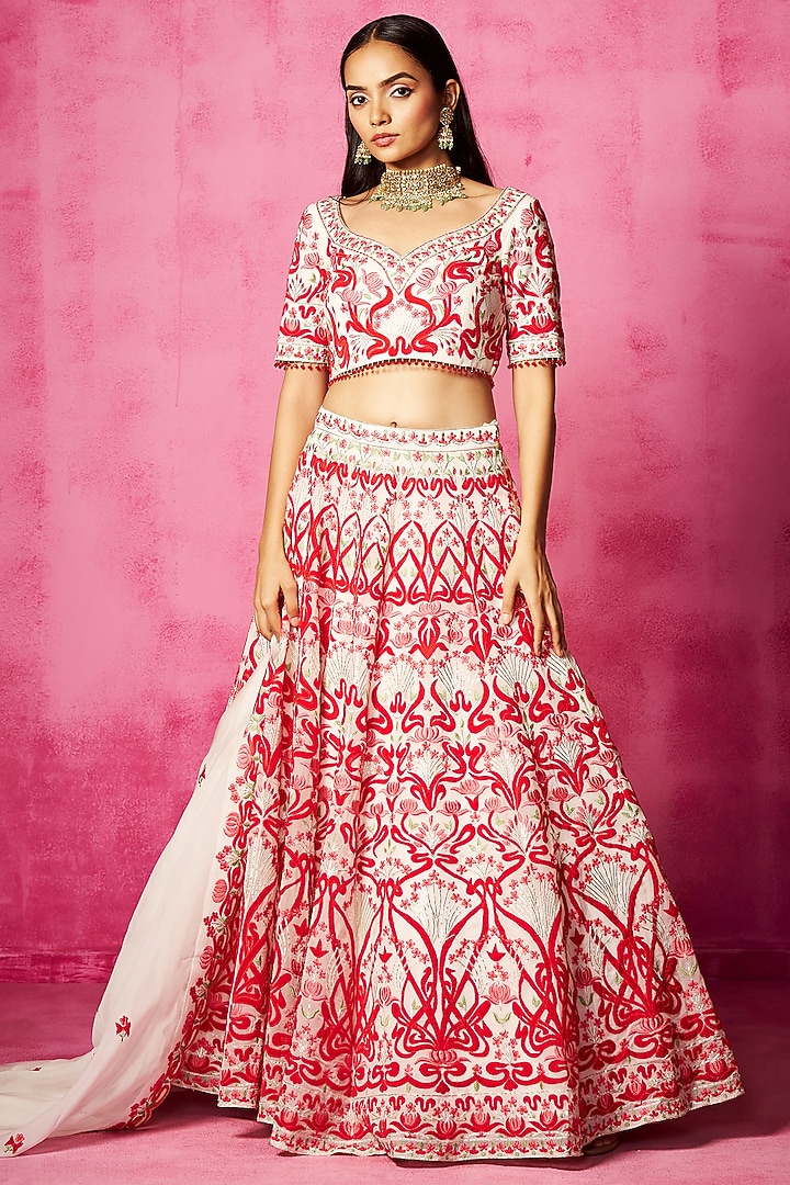 Ivory Satin Organza Patchwork Embroidered Wedding Lehenga Set by Neha Gursahani at Pernia's Pop Up Shop