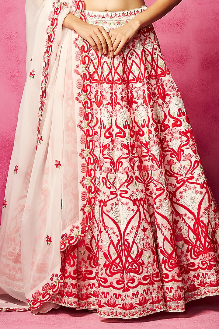 Ivory Satin Organza Patchwork Embroidered Wedding Lehenga Set by Neha Gursahani at Pernia's Pop Up Shop