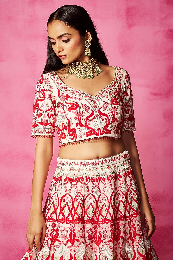Ivory Satin Organza Patchwork Embroidered Wedding Lehenga Set by Neha Gursahani at Pernia's Pop Up Shop