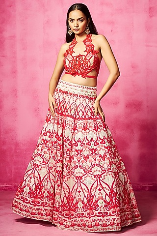 Ivory Organza Embroidered Lehenga Set by Neha Gursahani