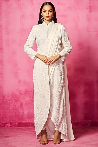 Ivory Stretch Lycra Pre-Draped Saree Set by Neha Gursahani