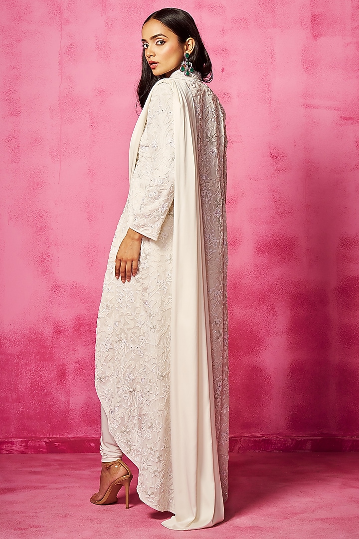 Ivory Stretch Lycra Pre-Draped Reception Saree Set by Neha Gursahani at Pernia's Pop Up Shop
