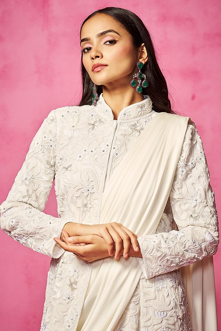 Ivory Stretch Lycra Pre-Draped Reception Saree Set by Neha Gursahani at Pernia's Pop Up Shop